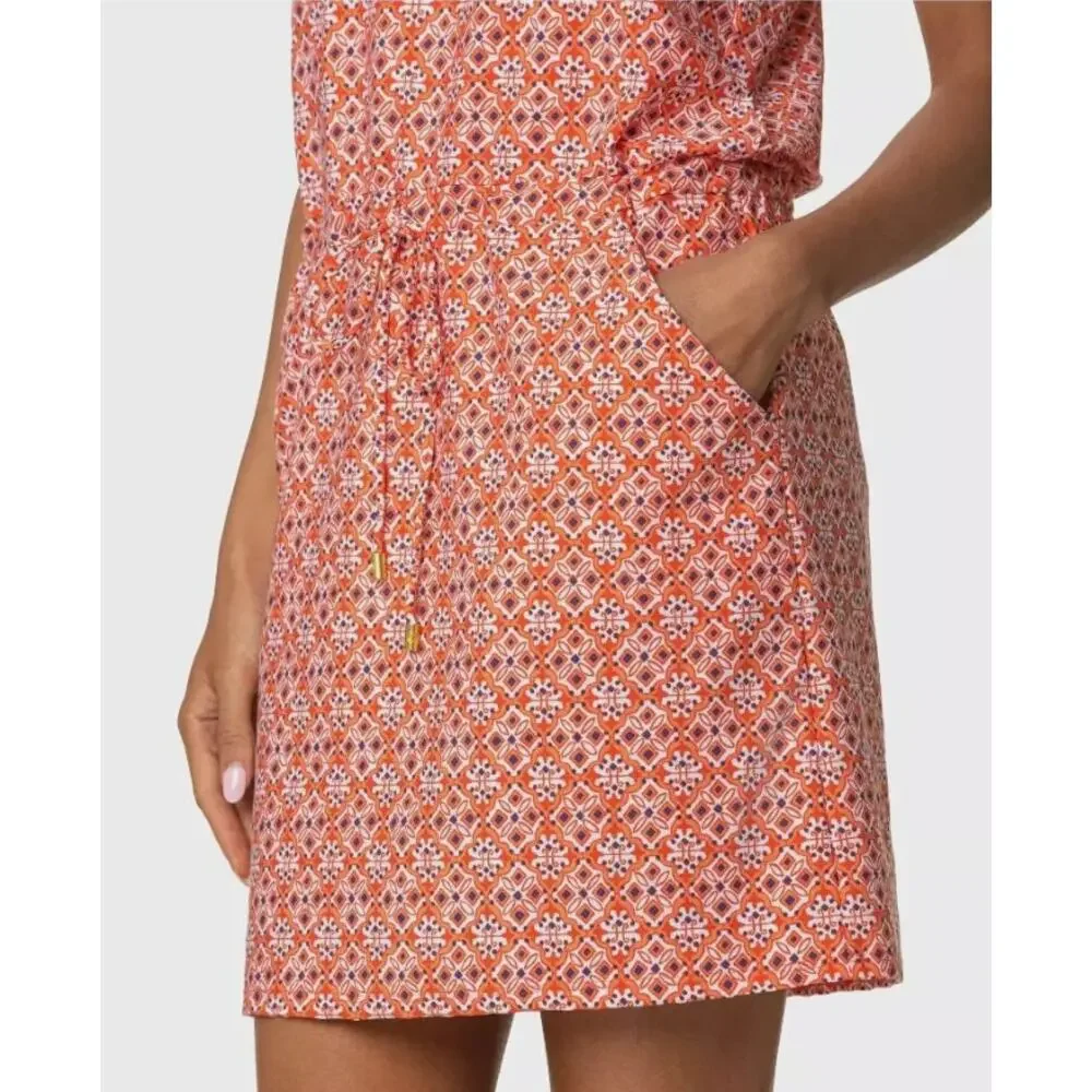 Helen Jon Sanibel Beach Mini Dress Size Large Coral Orange Navy V-neck Pockets - Picture 10 of 13